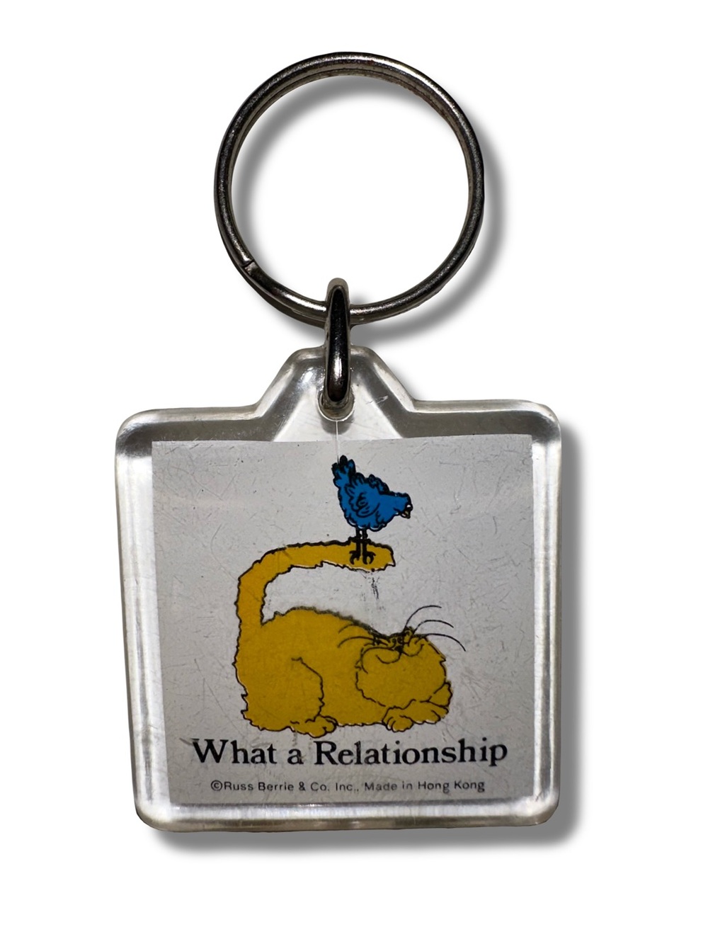 Vtg “What a Relationship” Cat & Bird Keychain